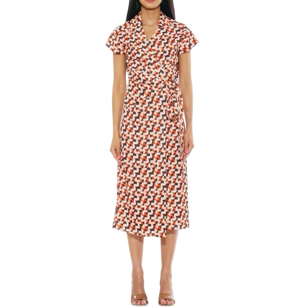 NWT Alexia Admor Brown Paris Surplice Geometric Print Midi Wrap Dress 10